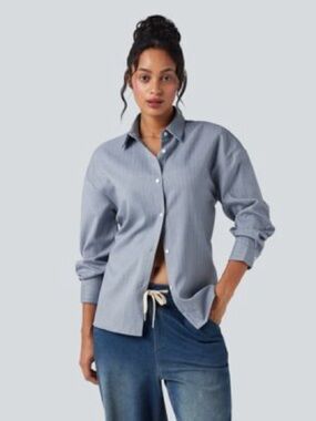 HALARA light gray Striped Relaxed Button-Up Shirt